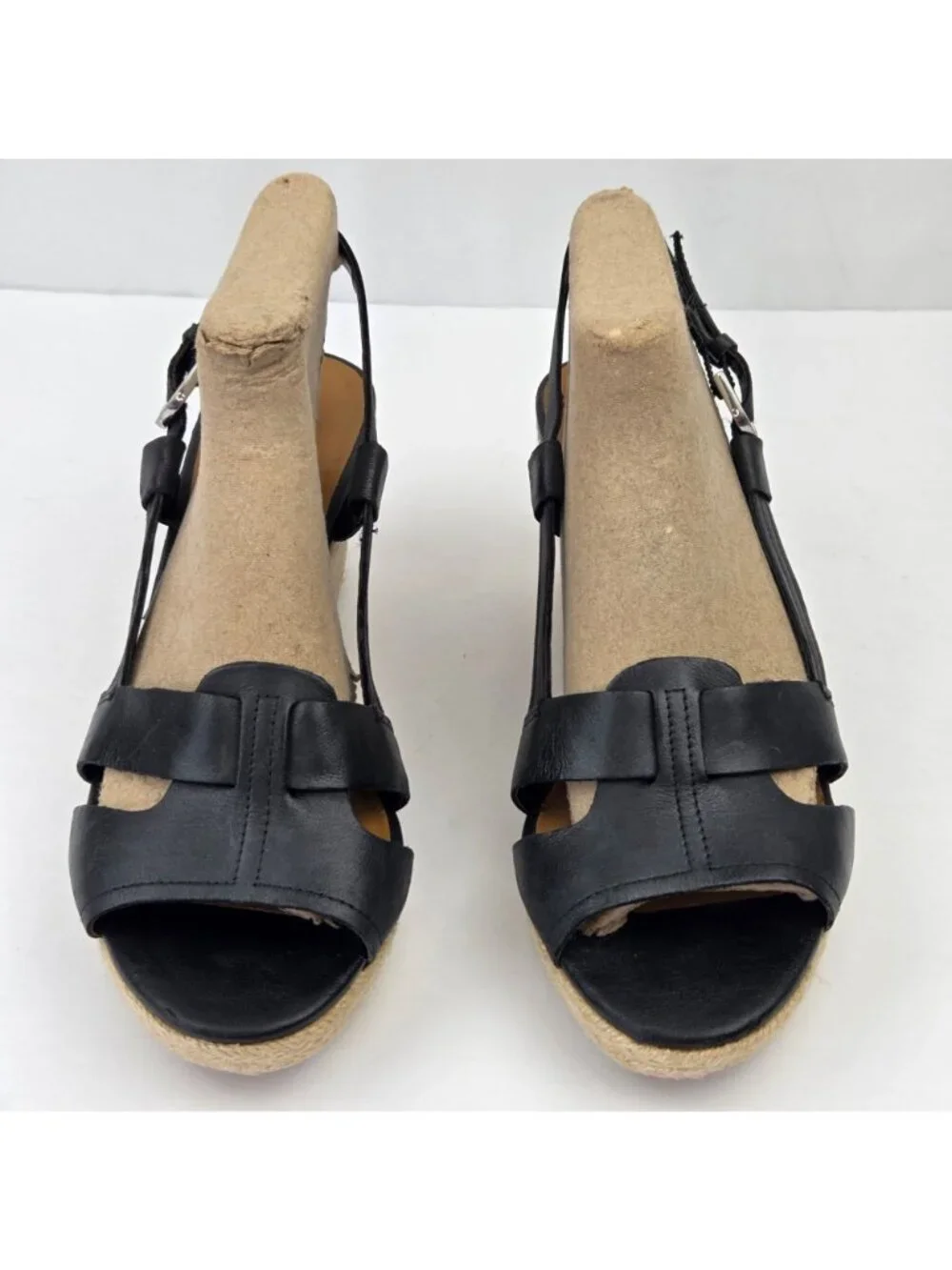 Franco Sarto Black Leather Wedge Espadrille Sandals Size 8.5